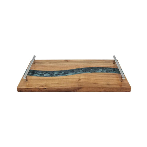 alt="Full photo details of evergreen serving tray featuring its stunning handcrafted home accessories."