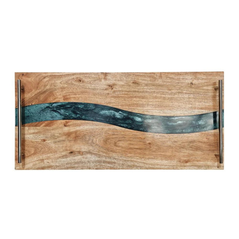 alt="Front details of evergreen serving tray featuring its stunning handcrafted from high-quality acacia wood."