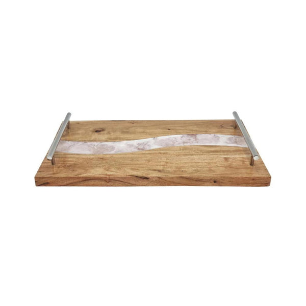 alt="Full photo details of White serving tray featuring its stunning handcrafted from high-quality acacia wood."