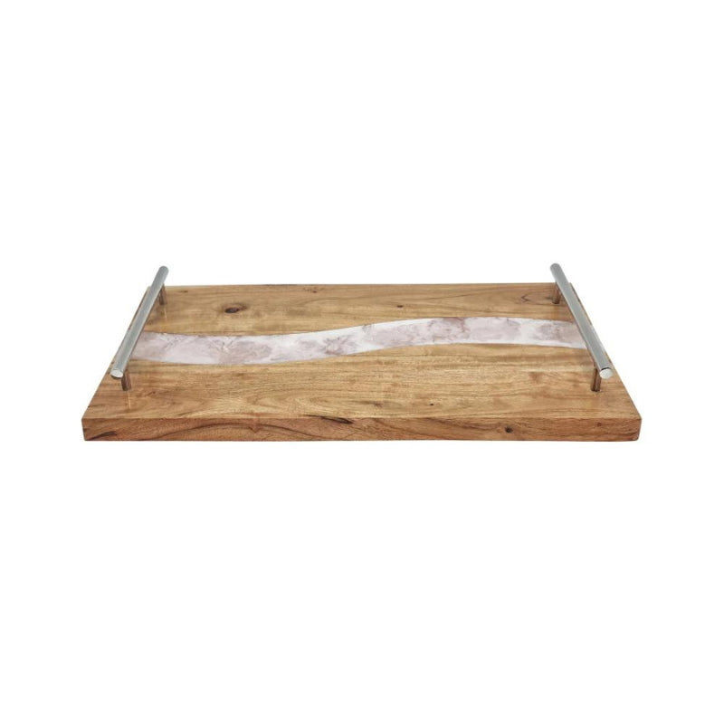 alt="Full photo details of White serving tray featuring its stunning handcrafted from high-quality acacia wood."