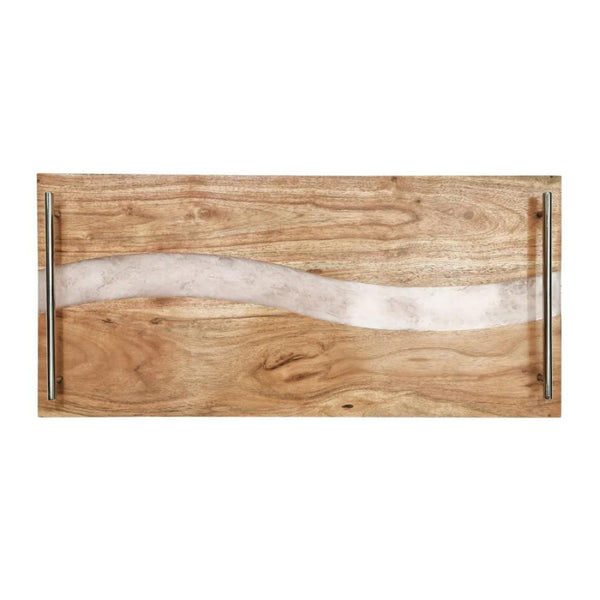 alt="Front details of white serving tray featuring its hand-crafted from high-quality acacia wood."