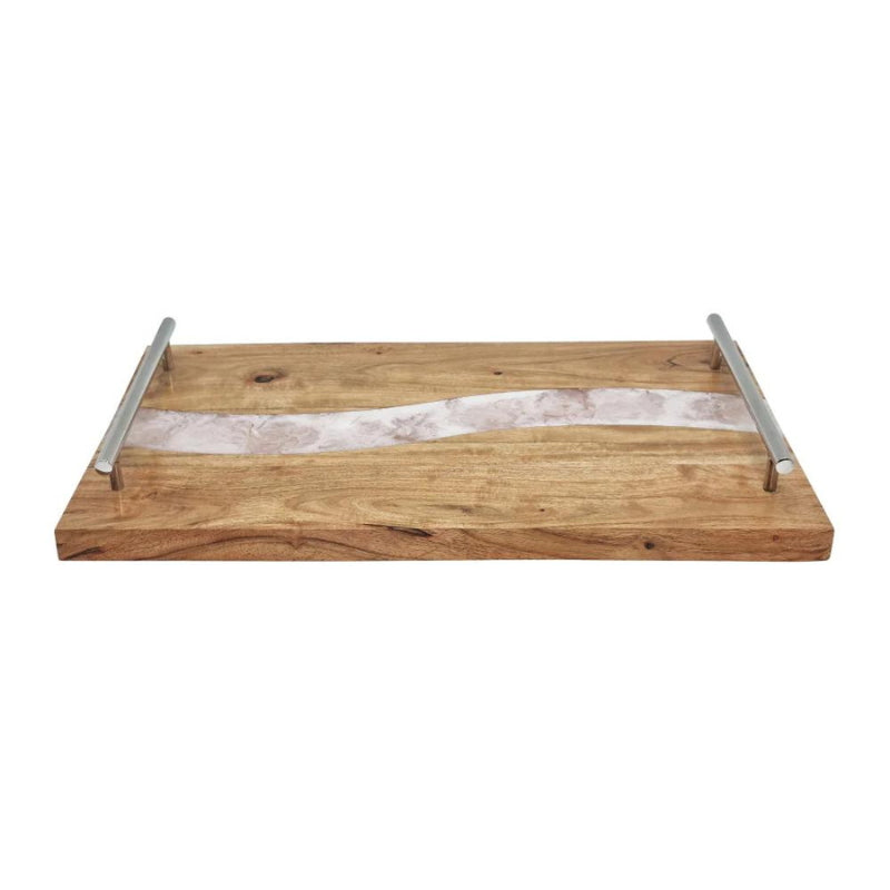alt="A white serving tray with handles featuring its hand-crafted from high-quality acacia wood."