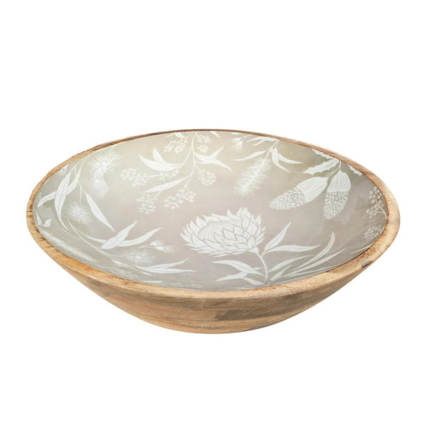alt="Side details of a grey large bowl featuring a natural native flora"