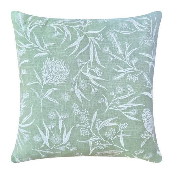 alt="Front details of an exclusive print designed cushion by the J.Elliot Creative Team. Hand-drawn and inspired by the stunning natural beauty of Australia’s native flora."