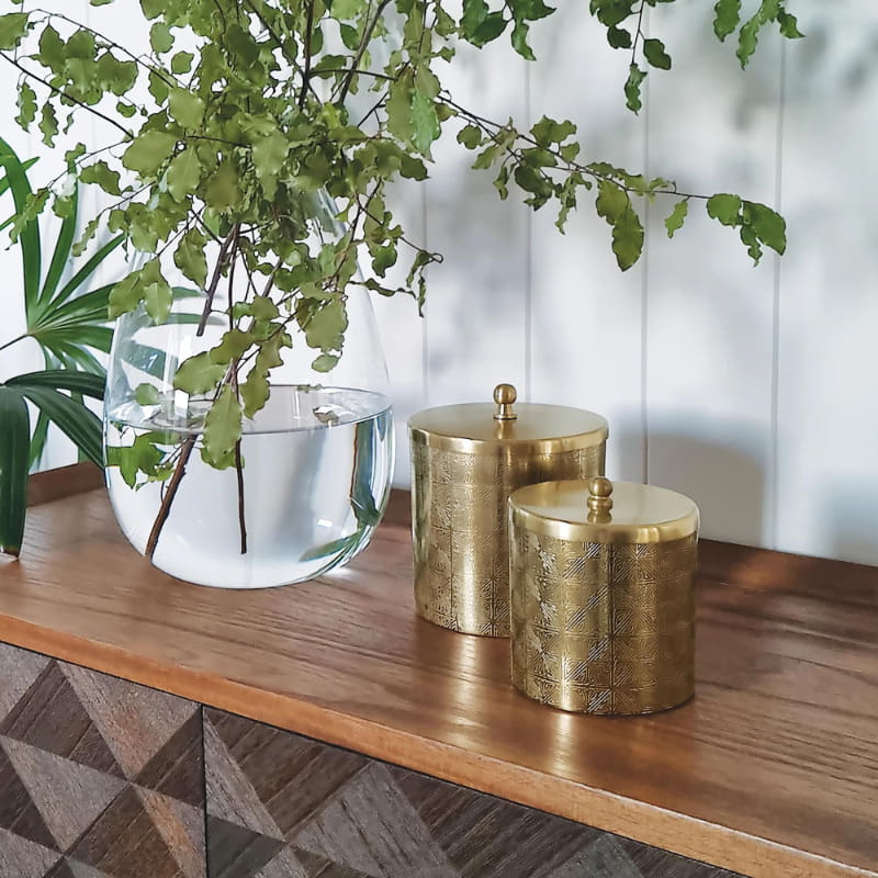 alt="Two Carmella decorative jars are placed beside an elegant plant design on top of a wooden table."