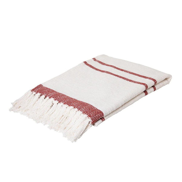 alt="Ivory and brick throw with subtle stripe design and tassels"