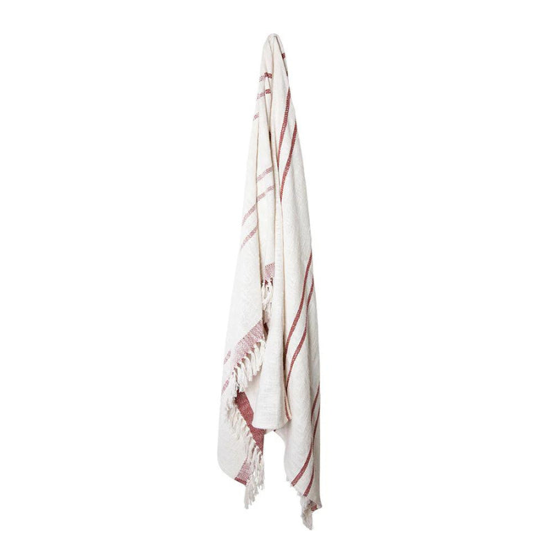 alt="Back view of an ivory and brick throw with subtle stripe design and tassels"