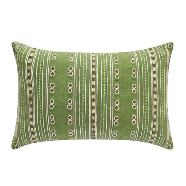 alt="Front details of a stylish green cushion featuring a fully embroidered striped design"