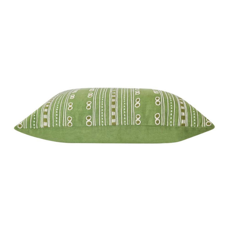 alt="Side details of a stylish green cushion featuring a fully embroidered striped design"