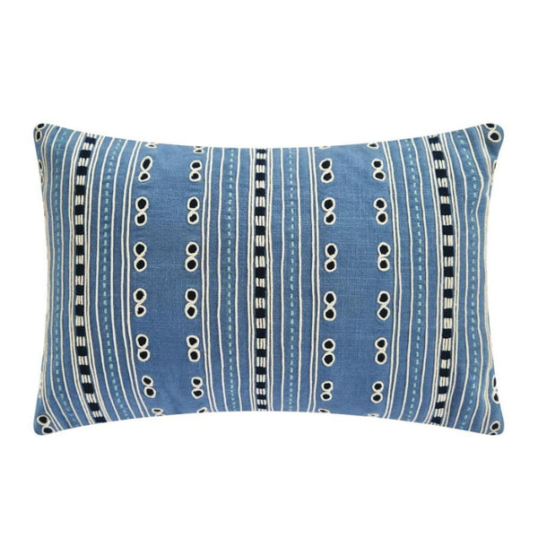 alt="Front details of a stylish blue cushion featuring a fully embroidered striped design"