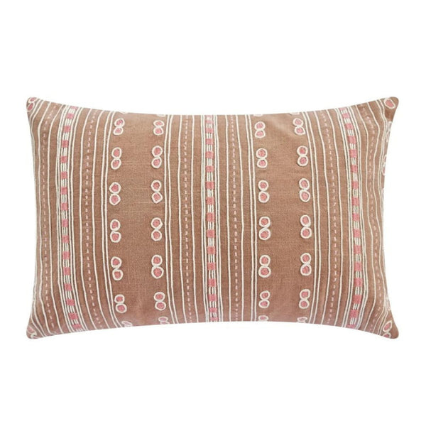 alt="Front details of a stylish brown cushion featuring a fully embroidered striped design"