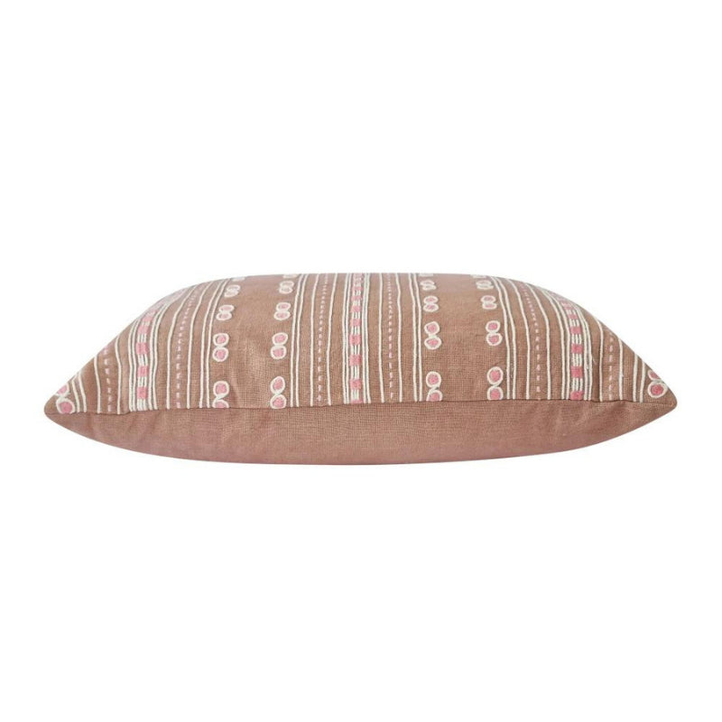 alt="Side details of a stylish brown cushion featuring a fully embroidered striped design"