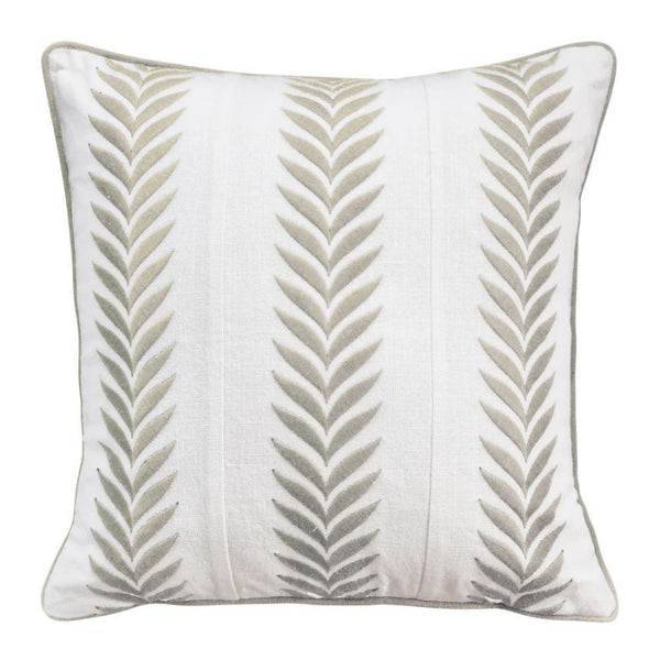 alt="Front details of a coastal inspired grey and ivory cushion featuring an embroidered geometric leaf design with piped edging"