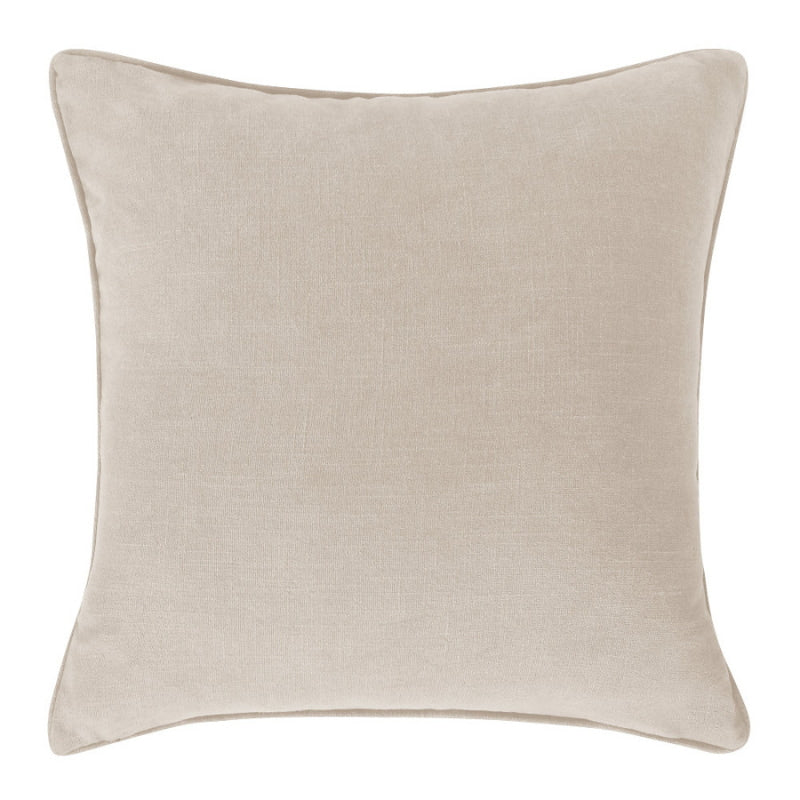alt="Back details of a coastal inspired grey and ivory cushion featuring an embroidered geometric leaf design with piped edging"