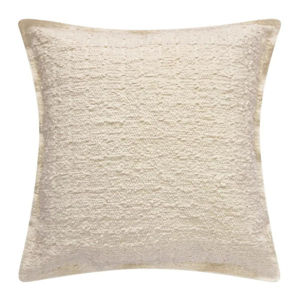 alt="Front details of a soft, durable boucle fabric cream square cushion"