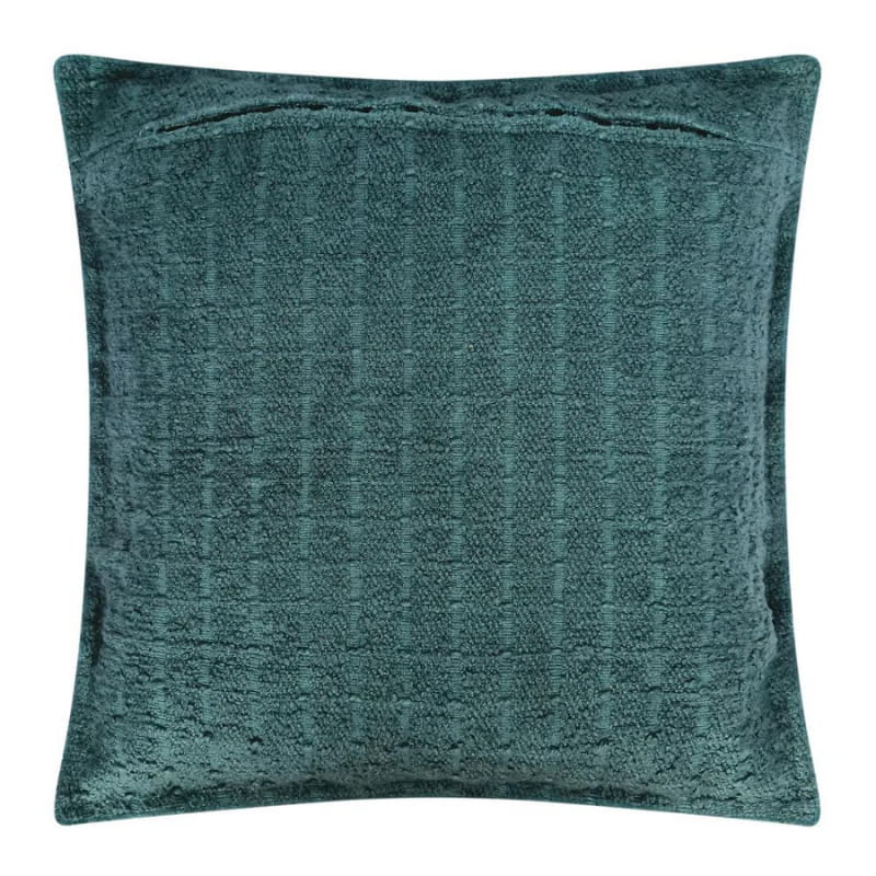 alt="Back details of a stunning green cushion featuring a soft, durable boucle fabric"