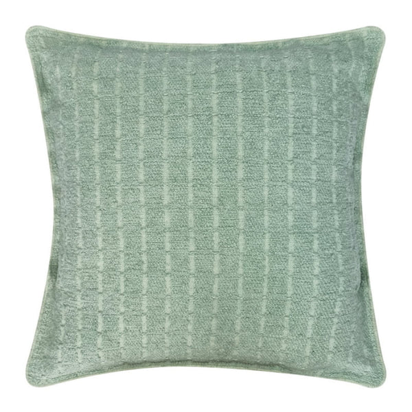 alt="Front details of a stunning mint cushion featuring a soft, durable boucle fabric"