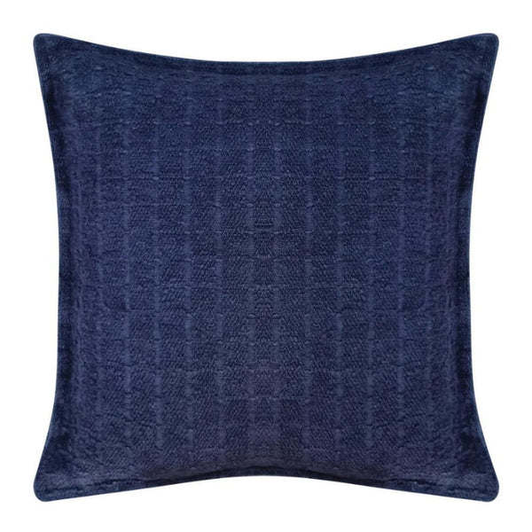 alt="Front details of a navy cushion featuring a soft, durable boucle fabric"