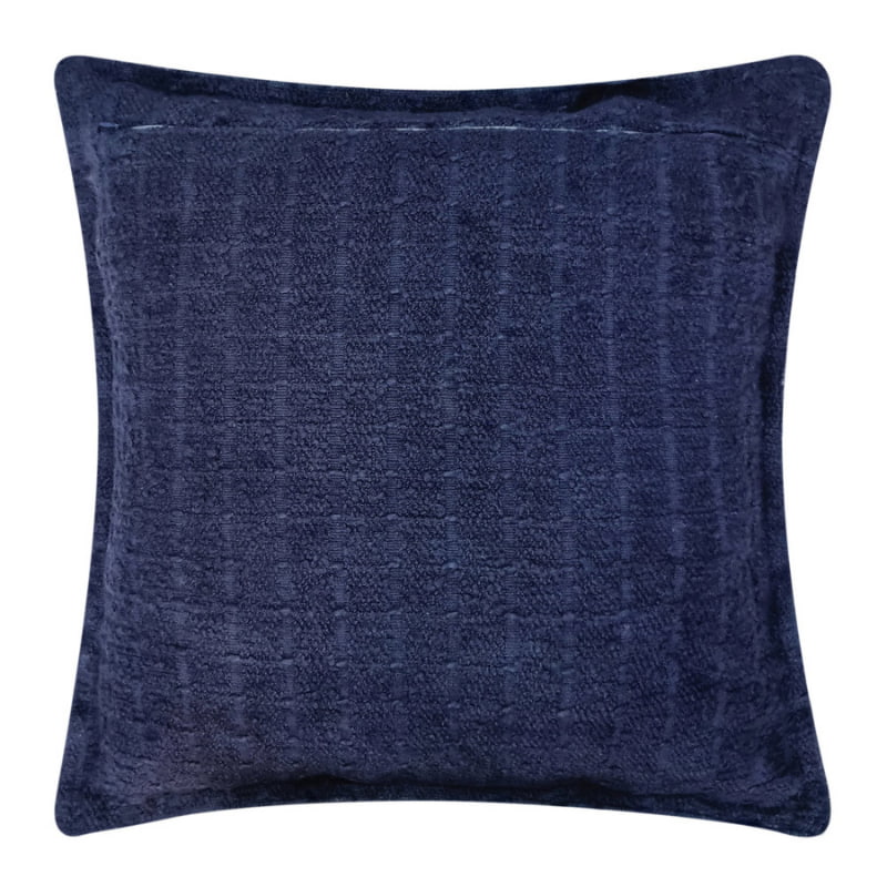 alt="Back details of a navy cushion featuring a soft, durable boucle fabric"