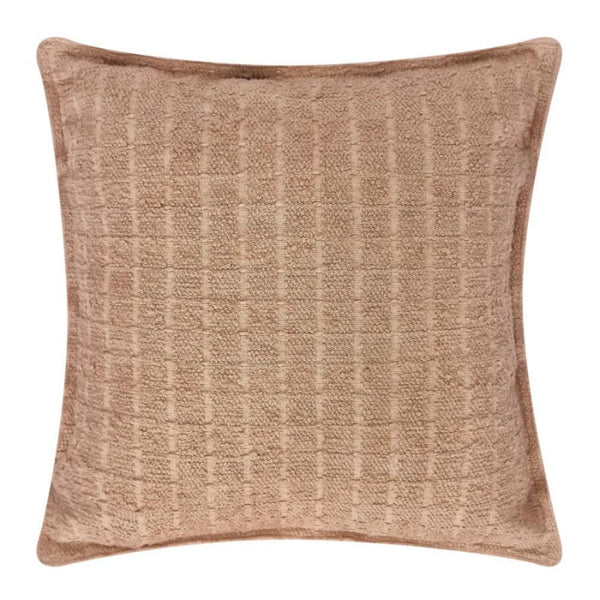 alt="Front details of a brown cushion featuring a soft, durable boucle fabric"