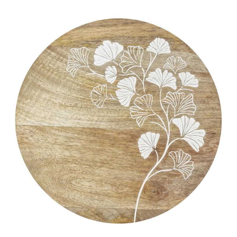 alt="Front details of a natural cake stand featuring hand-carved with a delicate ginkgo leaf design"