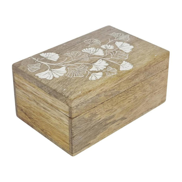 alt="full details of a natural rectangle trinket box featuring hand-carved ginkgo leaf design"