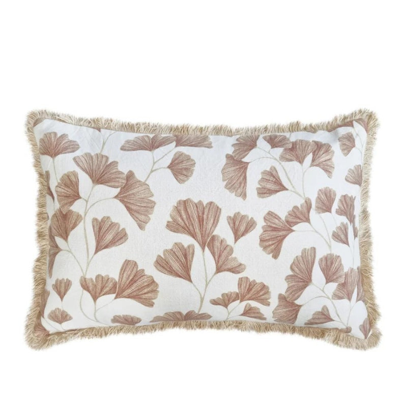 alt="Front details of ginkgo warm taupe and ivory cushion: Exclusive print design for modern home decor."
