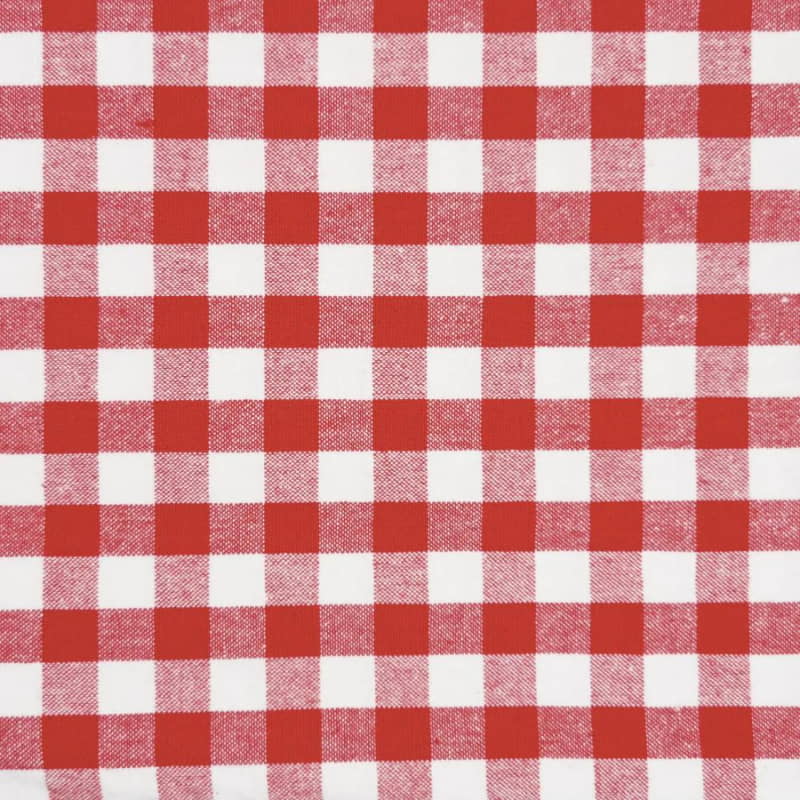 alt="a close-up details of a checkered red and white fabric"