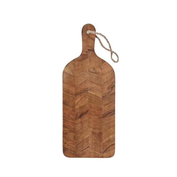 alt="Front details of serving board featuring its  stunning herringbone pattern with a rope loop for storage."