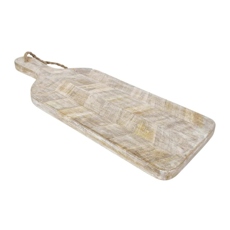 alt="Full details of Whitewash serving board featuring its stunning herringbone pattern with a rope loop for storage."