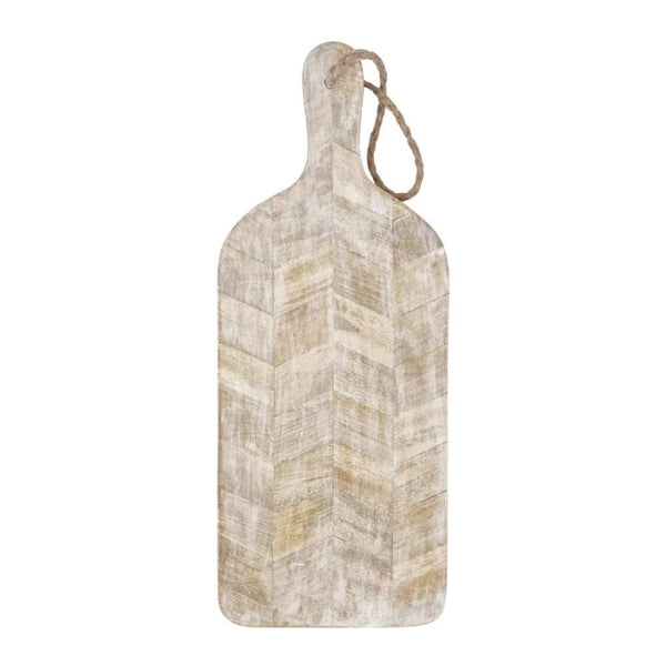 alt="Front details of Whitewash serving board featuring its stunning herringbone pattern with a rope loop for storage."