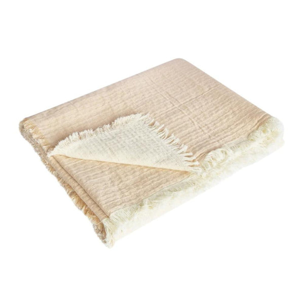 alt="A plain warm taupe and cream throw featuring a stylish and versatile"