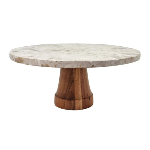 alt="Full Body details of cake stand featuring its high-quality marble and acacia wood."