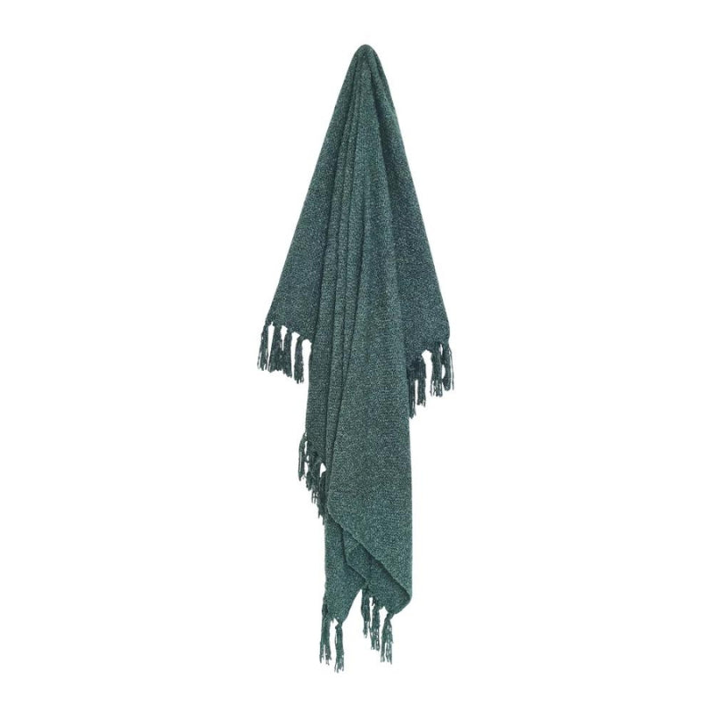 alt="Front details of a green throw with tassel details"