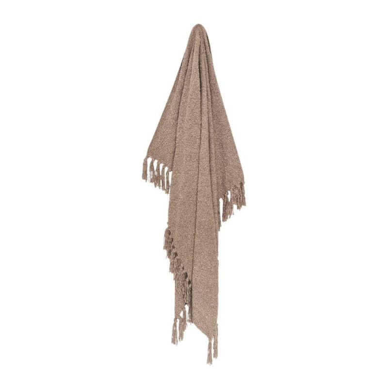 alt="Front details of a brown throw with tassel details"