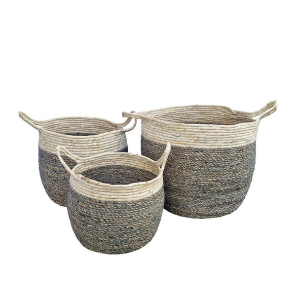 alt="A 3 sets of baskets front details featuring  natural beauty and durability of seagrass."