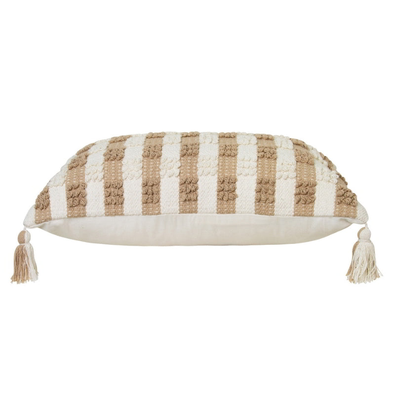 alt="Side details of a cream and white cushion featuring thin stripes design"