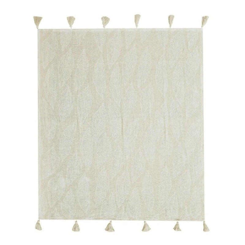 alt="Front details of a cream and white throw featuring a leaf design pattern"