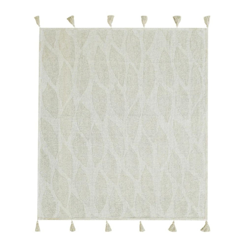 alt="Back details of a cream and white featuring a leaf design pattern"