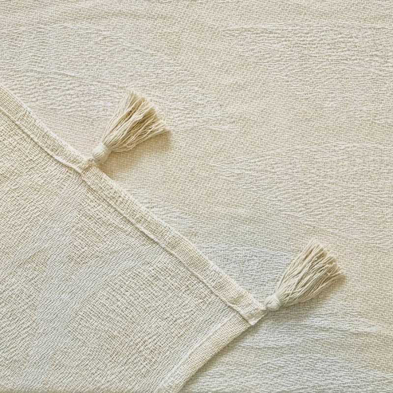 alt="Zoom in details of a cream and white throw featuring a leaf design pattern"
