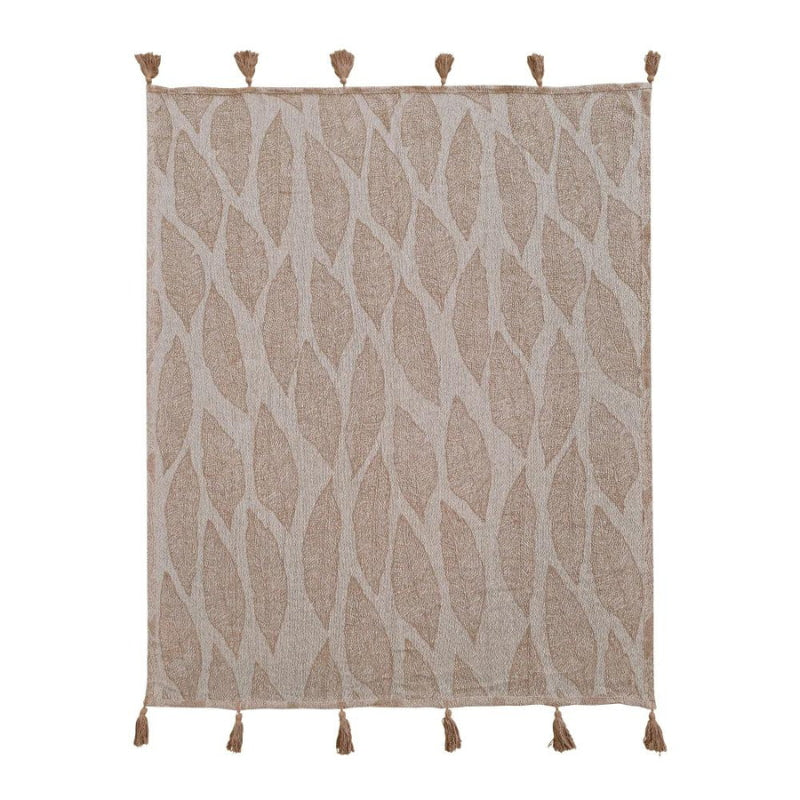 alt="Front details of brown throw featuring a leaf design pattern"