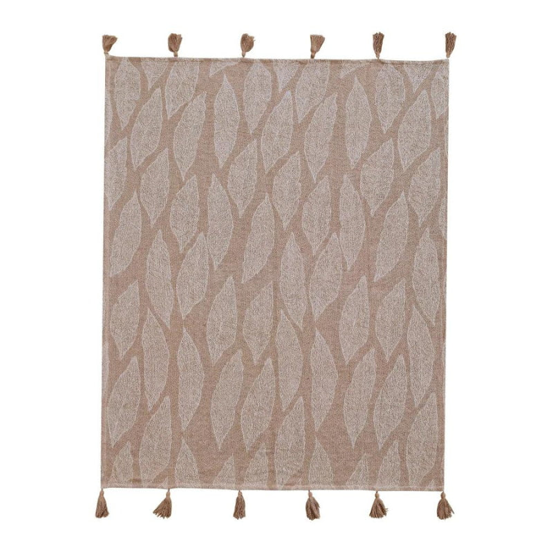 alt="Back details of a brown throw featuring a leaf design pattern"