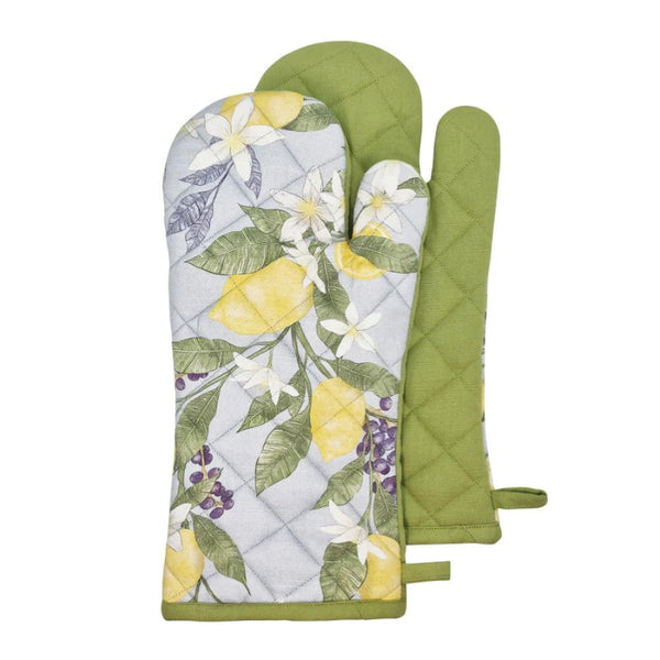 alt="Front details of Lemon sky and bayleaf oven mitt featuring its stunning natural hand-drawn beauty."