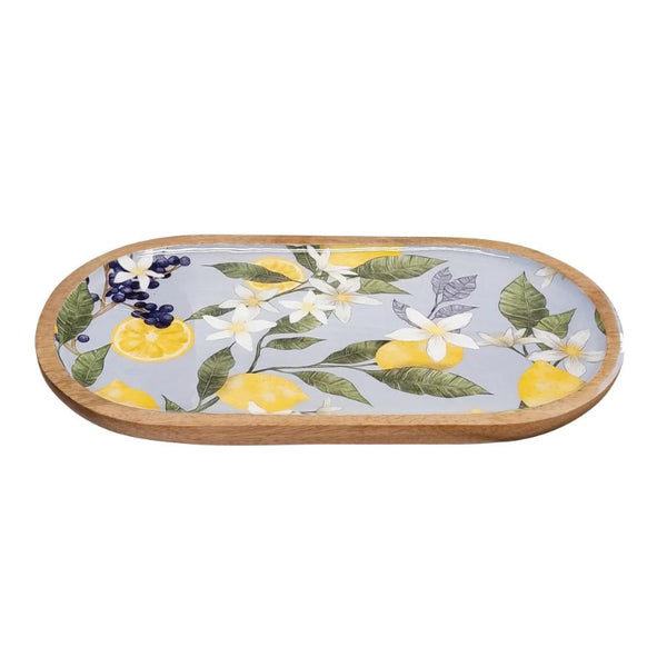 alt="Side details of a sky oval serving tray featuring hand-drawn lemon with leaf design"