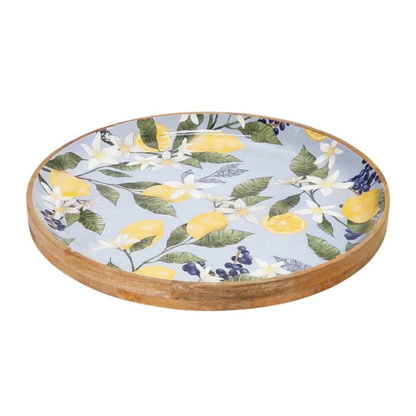 alt="Side details of a Lemon sky round serving tray featuring hand-carved lemon with leaf design"