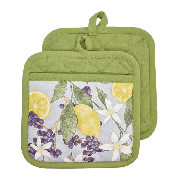 alt=" front details of a pot holder featuring a printed design with lemon and flowers"