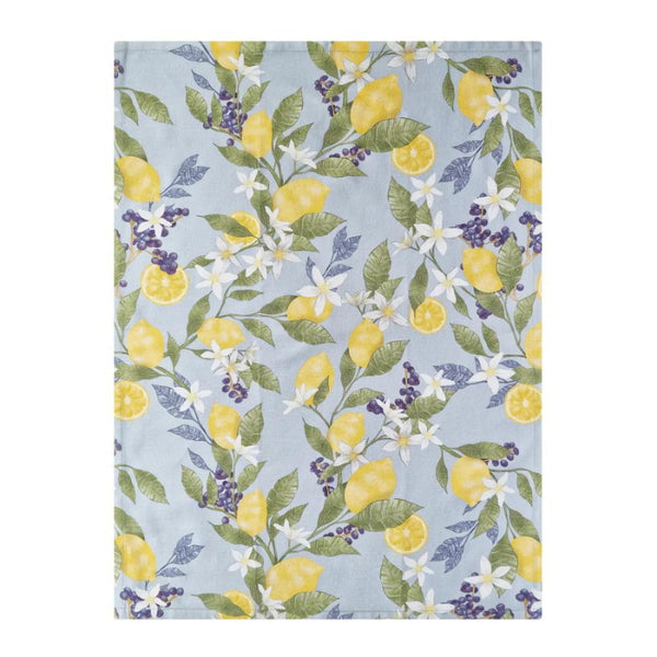 alt="a asky blue fabric printed with lemons, flowers and green leaves"