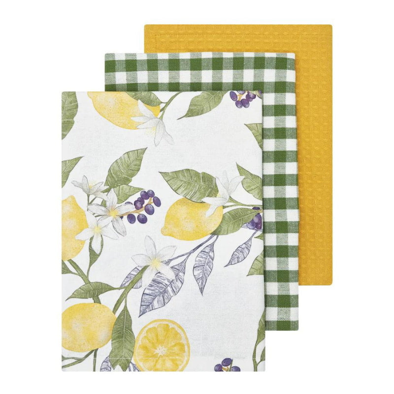 alt="3 pieces tea towels showcasing lemon prints, a  check pattern  and yellow one"