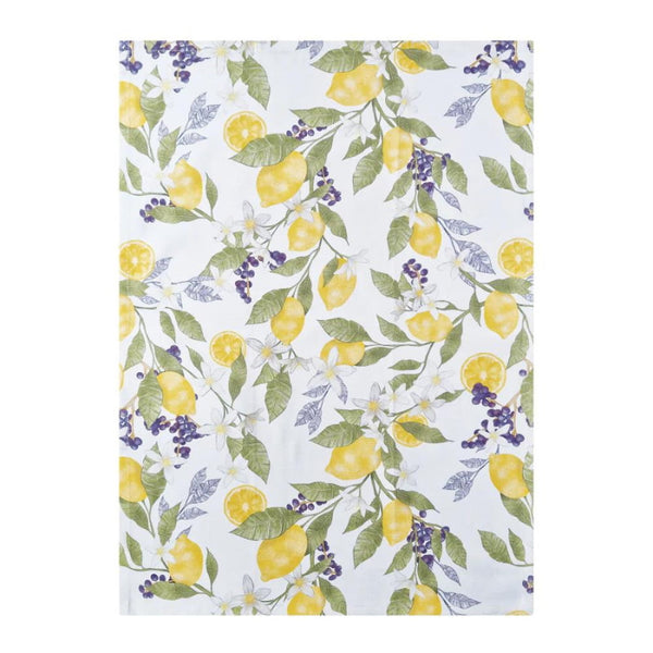 alt="a front details of the J. Elliot Lemon multi white tea towels showcasing a lemon fruits and flowers on a white background"" 