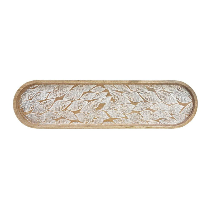 alt="front photo details of natural long serving tray feauturing a handcrafted delicate leaf design from high-quality mango wood."